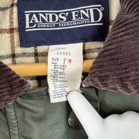 Lands‎ End Womens Waxed Barn Jacket Green Plaid Lined Corduroy Collar Medium - Picture 14 of 15